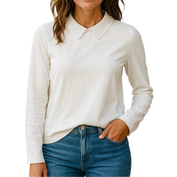 RSVP By Talbots Lightweight Sweater Pearl-Embellished collar Cream Women’s S NEW - Picture 1 of 13
